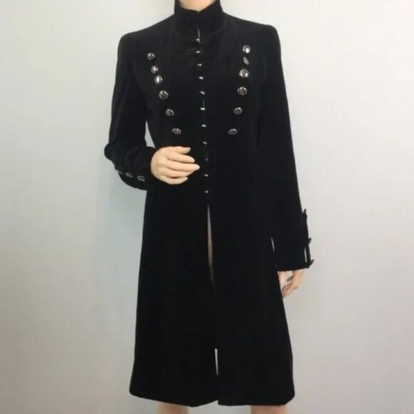 💥ULTRA CHIC💥Steampunk Victorian Military Longline Coat in Black Velvet - Picture 10 of 12
